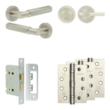 Complete Bloom Door Handle Pack - Bathroom Lock (Plain Thumb Turn) - Satin Nickel - 76mm / 4-inch Hinges - JE-B6A2-SN
