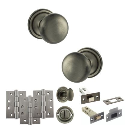 Old English Harrogate Door Knob Pack (Bathroom Set - 3" Deadbolt, 4" Fire Rated Hinges x3) - Matt Gun Metal