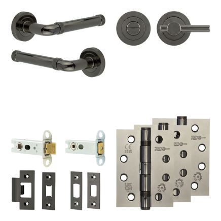 Complete Midtown Door Handle Pack - Heavy Duty Tubular Bathroom (Plain Thumb Turn) - Black Nickel - 76mm / 4-inch Hinges - JE-G31A2-BN