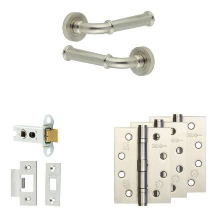 Complete Classic Door Handle Pack - Heavy Duty Latch - Satin Nickel - 64mm / 4-inch Hinges - JE-A20A-SN