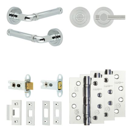 Complete Midtown Door Handle Pack - Heavy Duty Tubular Bathroom (Knurled Thumb Turn) - Polished Chrome - 64mm / 4-inch Hinges - JE-G30A1-PC