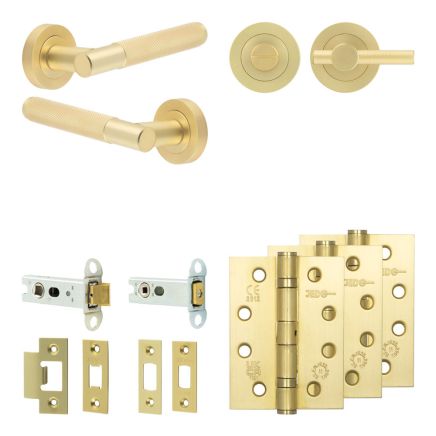 Complete Bari Door Handle Pack - Heavy Duty Tubular Bathroom (Knurled Thumb Turn) - Satin Brass - 76mm / 4-inch Hinges - JE-D31A1-SB