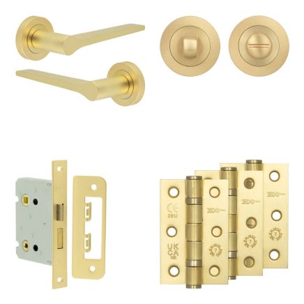 Complete Gio Door Handle Pack - Bathroom Lock (Standard Thumb Turn) - Satin Brass - 76mm / 3-inch Hinges - JE-E6B3-SB