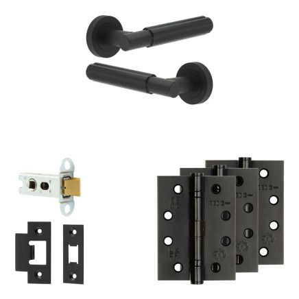 Complete Bloom Door Handle Pack - Heavy Duty Latch - Matt Black - 64mm / 4-inch Hinges - JE-B20A-MB