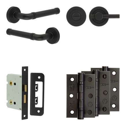 Complete Midtown Door Handle Pack - Bathroom Lock (Knurled Thumb Turn) - Matt Black - 76mm / 3-inch Hinges - JE-G6B1-MB