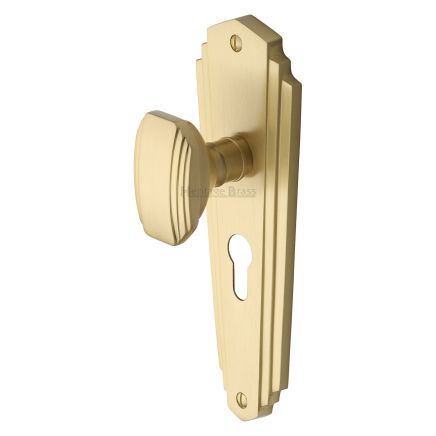 Heritage Brass Mortice Knob on Euro Profile Plate Charlston Design Satin Brass finish