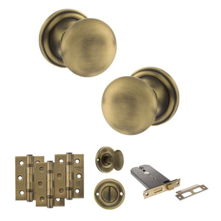 Old English Harrogate Door Knob Pack (Lock Set - Horizontal Bathlock, 3" Fire Rated Hinges x3) - Matt Antique Brass