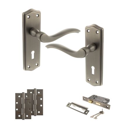 Old English Warwick Door Handle Pack (3 Lever Lock Set - 2.5" CE Sashlock, 4" Slim Knuckle Hinges x2) - Matt Gun Metal