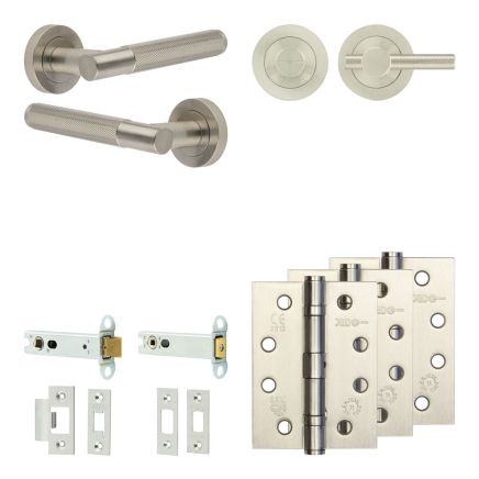 Complete Bari Door Handle Pack - Heavy Duty Tubular Bathroom (Knurled Thumb Turn) - Satin Nickel - 102mm / 4-inch Hinges - JE-D32A1-SN