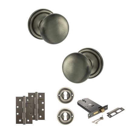 Old English Harrogate Door Knob Pack (Lock Set - Horizontal Sashlock, 4" Slim Knuckle Hinges x2) - Matt Gun Metal