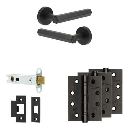Complete Hex Door Handle Pack - Heavy Duty Latch - Matt Black - 102mm / 4-inch Hinges - JE-C22A-MB
