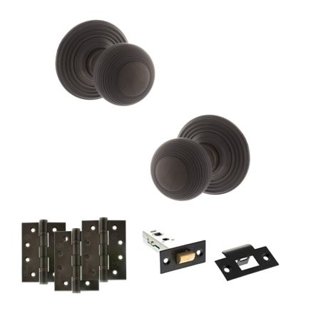 Old English Ripon Door Knob Pack (Latch Set - 3" HD Latch, 4" Fire Rated Hinges x3) - Urban Dark Bronze