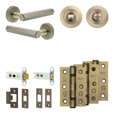 Complete Hex Door Handle Pack - Heavy Duty Tubular Bathroom (Standard Thumb Turn) - Antique Brass - 76mm / 3-inch Hinges - JE-C31B3-AB