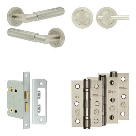 Complete Bloom Door Handle Pack - Bathroom Lock (Plain Thumb Turn) - Satin Nickel - 76mm / 3-inch Hinges - JE-B6B2-SN