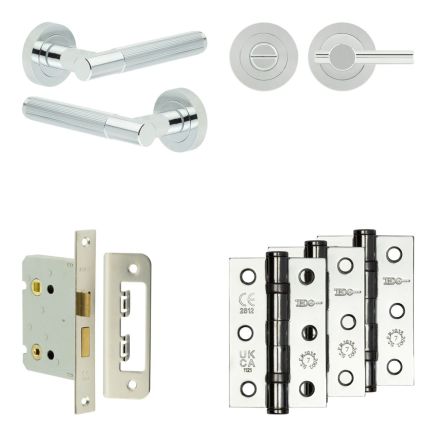Complete Venice Door Handle Pack - Bathroom Lock (Plain Thumb Turn) - Polished Chrome - 76mm / 3-inch Hinges - JE-F6B2-PC