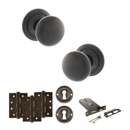 Old English Harrogate Door Knob Pack (Lock Set - Horizontal Sashlock, 4" Fire Rated Hinges x3) - Urban Dark Bronze