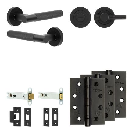 Complete Bari Door Handle Pack - Heavy Duty Tubular Bathroom (Knurled Thumb Turn) - Matt Black - 102mm / 4-inch Hinges - JE-D32A1-MB