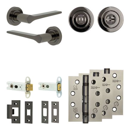 Complete Gio Door Handle Pack - Heavy Duty Tubular Bathroom (Standard Thumb Turn) - Black Nickel - 76mm / 4-inch Hinges - JE-E31A3-BN