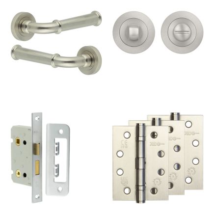 Complete Classic Door Handle Pack - Bathroom Lock (Standard Thumb Turn) - Satin Nickel - 65mm / 4-inch Hinges - JE-A5A3-SN