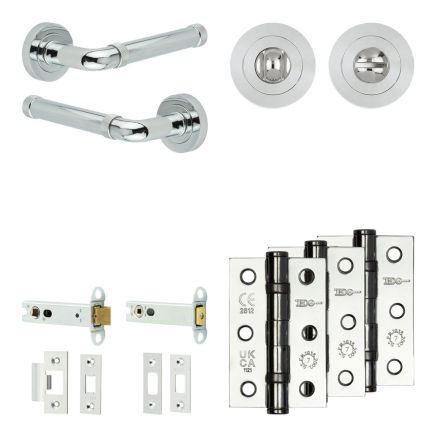 Complete Midtown Door Handle Pack - Heavy Duty Tubular Bathroom (Standard Thumb Turn) - Polished Chrome - 102mm / 3-inch Hinges - JE-G32B3-PC