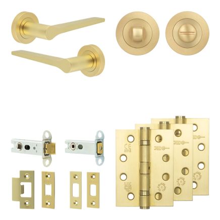 Complete Gio Door Handle Pack - Heavy Duty Tubular Bathroom (Standard Thumb Turn) - Satin Brass - 76mm / 4-inch Hinges - JE-E31A3-SB