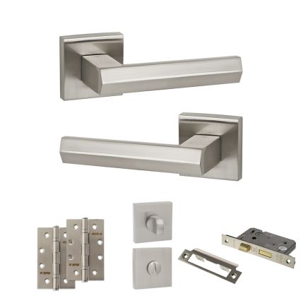 Senza Pari Davoli Door Handle Pack (Bathroom Set - 3" CE Bathroom Lock, 4" Slim Knuckle Hinges x2) - Satin Nickel