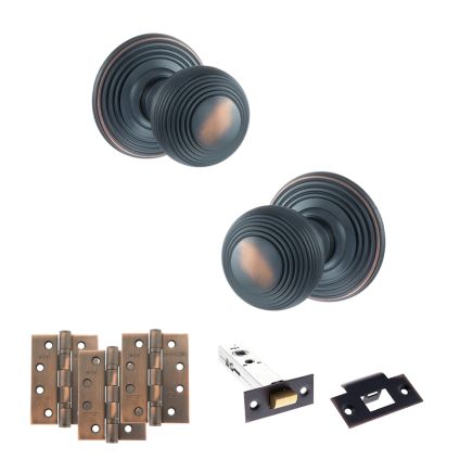 Old English Ripon Door Knob Pack (Latch Set - 3" HD Latch, 4" Fire Rated Hinges x3) - Antique Copper