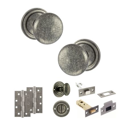 Old English Harrogate Door Knob Pack (Bathroom Set - 3" Deadbolt, 4" Slim Knuckle Hinges x2) - Distressed Silver