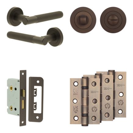 Complete Venice Door Handle Pack - Bathroom Lock (Standard Thumb Turn) - Dark Bronze - 65mm / 3-inch Hinges - JE-F5B3-DB