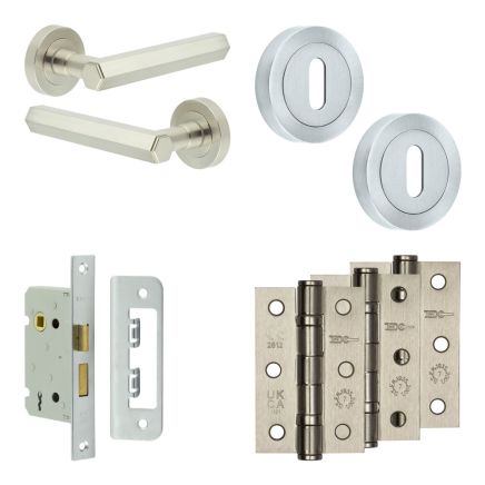 Complete Hex Door Handle Pack - Sashlock - Satin Nickel - 65mm / 3-inch Hinges - JE-C7B8-SN
