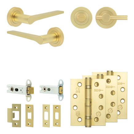 Complete Gio Door Handle Pack - Heavy Duty Tubular Bathroom (Plain Thumb Turn) - Satin Brass - 76mm / 4-inch Hinges - JE-E31A2-SB