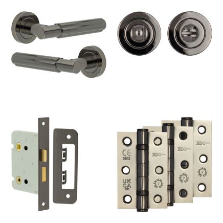 Complete Bloom Door Handle Pack - Bathroom Lock (Standard Thumb Turn) - Black Nickel - 76mm / 3-inch Hinges - JE-B6B3-BN