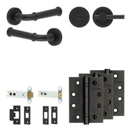 Complete Classic Door Handle Pack - Heavy Duty Tubular Bathroom (Plain Thumb Turn) - Matt Black - 102mm / 4-inch Hinges - JE-A32A2-MB