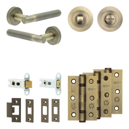 Complete Venice Door Handle Pack - Heavy Duty Tubular Bathroom (Standard Thumb Turn) - Antique Brass - 64mm / 3-inch Hinges - JE-F30B3-AB