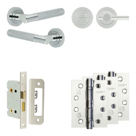 Complete Bari Door Handle Pack - Bathroom Lock (Plain Thumb Turn) - Polished Chrome - 65mm / 4-inch Hinges - JE-D5A2-PC