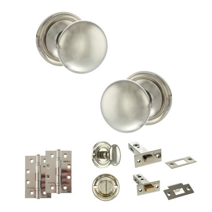 Old English Harrogate Door Knob Pack (Bathroom Set - 3" Deadbolt, 4" Slim Knuckle Hinges x2) - Polished Nickel
