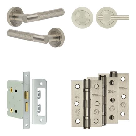 Complete Bari Door Handle Pack - Bathroom Lock (Knurled Thumb Turn) - Satin Nickel - 76mm / 3-inch Hinges - JE-D6B1-SN