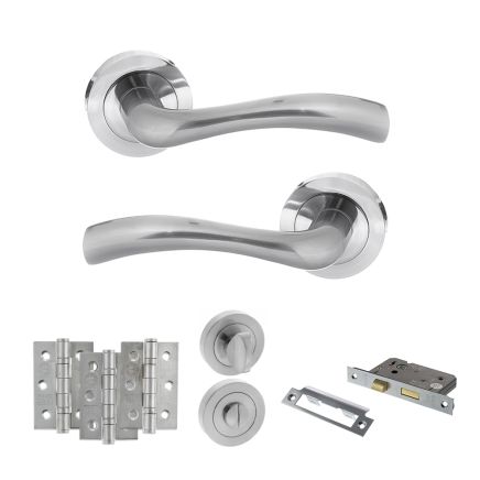 STATUS Texas Door Handle Pack (Bathroom Set - 2.5" CE Bathroom Lock, 3" Fire Rated Hinges x3) - Satin Chrome