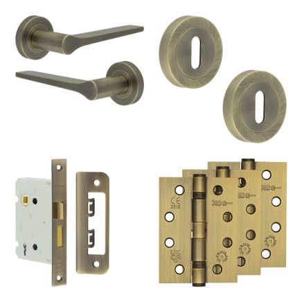 Complete Gio Door Handle Pack - Sashlock - Antique Brass - 76mm / 4-inch Hinges - JE-E8A8-AB