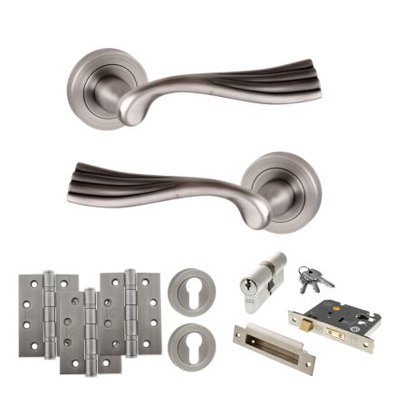 Old English Richmond Door Handle Pack (Euro Lock Set - 2.5" CE Sashlock, 4" Fire Rated Hinges x3) - Matt Gun Metal