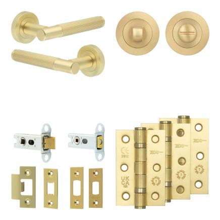 Complete Venice Door Handle Pack - Heavy Duty Tubular Bathroom (Standard Thumb Turn) - Satin Brass - 64mm / 3-inch Hinges - JE-F30B3-SB