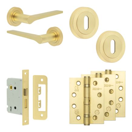 Complete Gio Door Handle Pack - Sashlock - Satin Brass - 76mm / 4-inch Hinges - JE-E8A8-SB