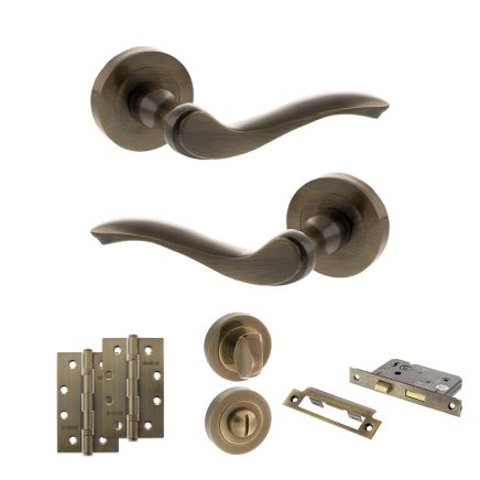 Old English Warwick Door Handle Pack (Bathroom Set - 2.5" CE Bathroom Lock, 4" Slim Knuckle Hinges x2) - Antique Brass