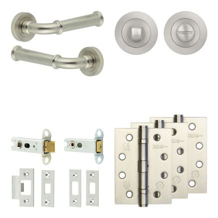 Complete Classic Door Handle Pack - Heavy Duty Tubular Bathroom (Standard Thumb Turn) - Satin Nickel - 76mm / 4-inch Hinges - JE-A31A3-SN
