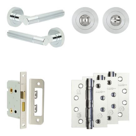 Complete Venice Door Handle Pack - Bathroom Lock (Standard Thumb Turn) - Polished Chrome - 65mm / 4-inch Hinges - JE-F5A3-PC