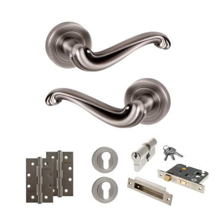 Old English Colchester Door Handle Pack (Euro Lock Set - 3" CE Sashlock, 4" Slim Knuckle Hinges x2) - Matt Gun Metal
