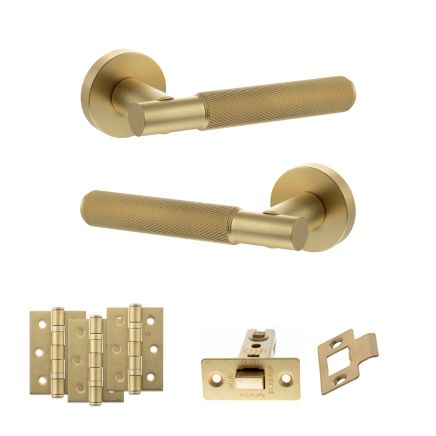 Senza Pari Rosarno Door Handle Pack (Latch Set - 2.5" CE Latch, 3" Fire Rated Hinges x3) - Satin Brass