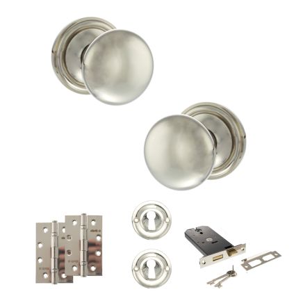 Old English Harrogate Door Knob Pack (Lock Set - Horizontal Sashlock, 4" Slim Knuckle Hinges x2) - Polished Nickel
