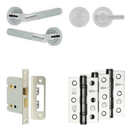 Complete Bari Door Handle Pack - Bathroom Lock (Knurled Thumb Turn) - Polished Chrome - 76mm / 3-inch Hinges - JE-D6B1-PC