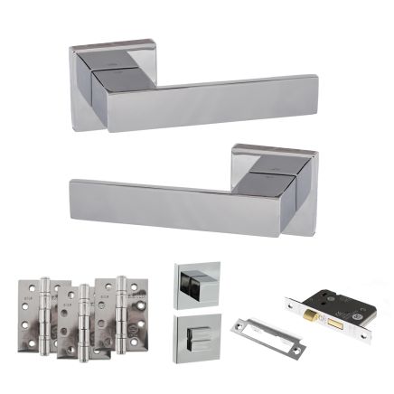 Senza Pari Panetti Door Handle Pack (Bathroom Set - 2.5" CE Bathroom Lock, 4" Fire Rated Hinges x3) - Polished Chrome
